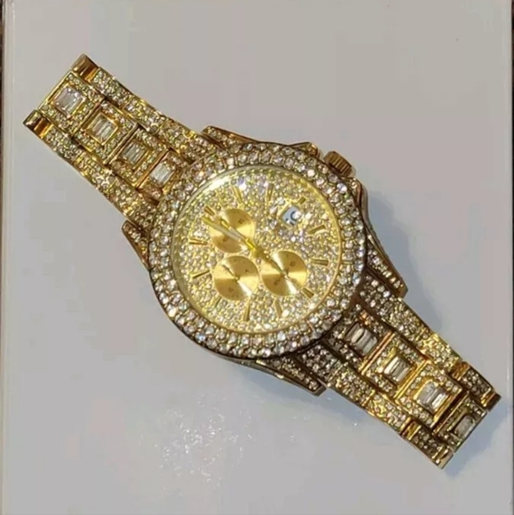 Men's Fully Covered Iced Goldplated Simulated Diamond Quartz Waterproof Watch - Picture 4 of 12